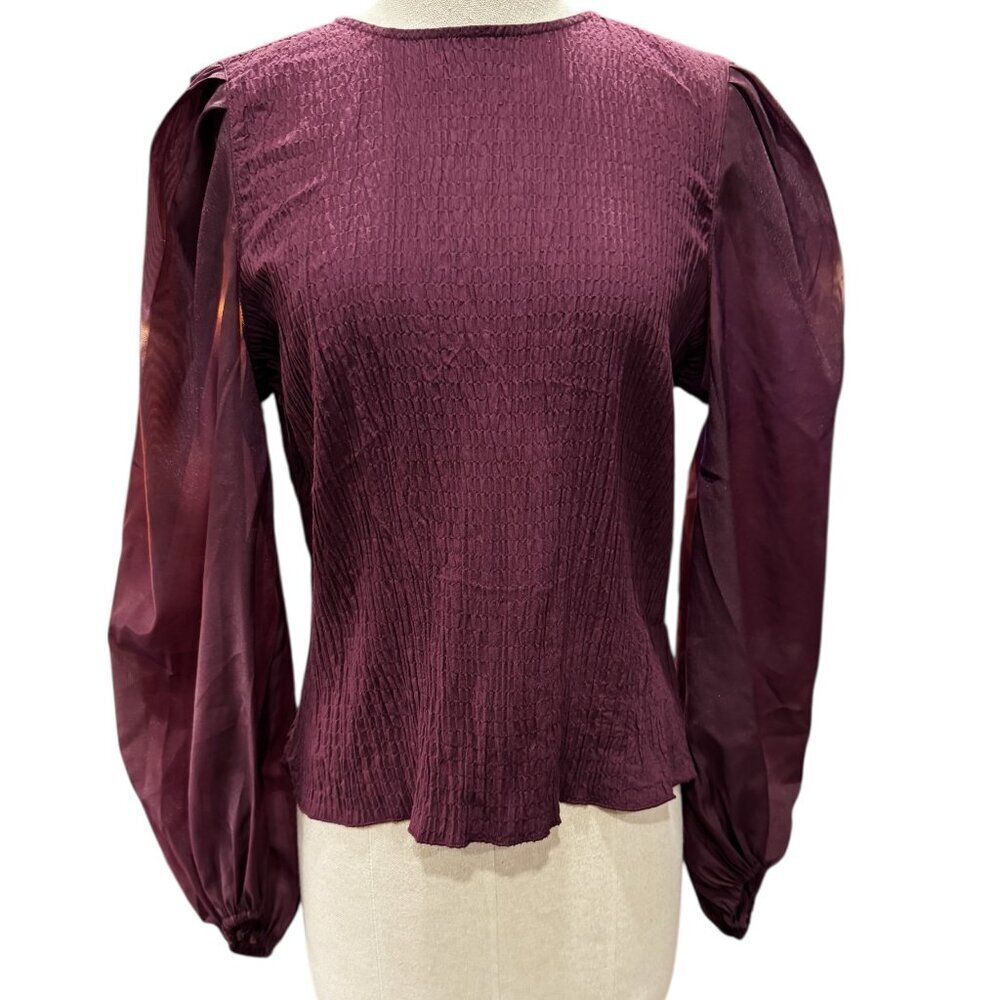 Worthington Maroon Sheer Balloon Sleeve Blouse NWT Size Large